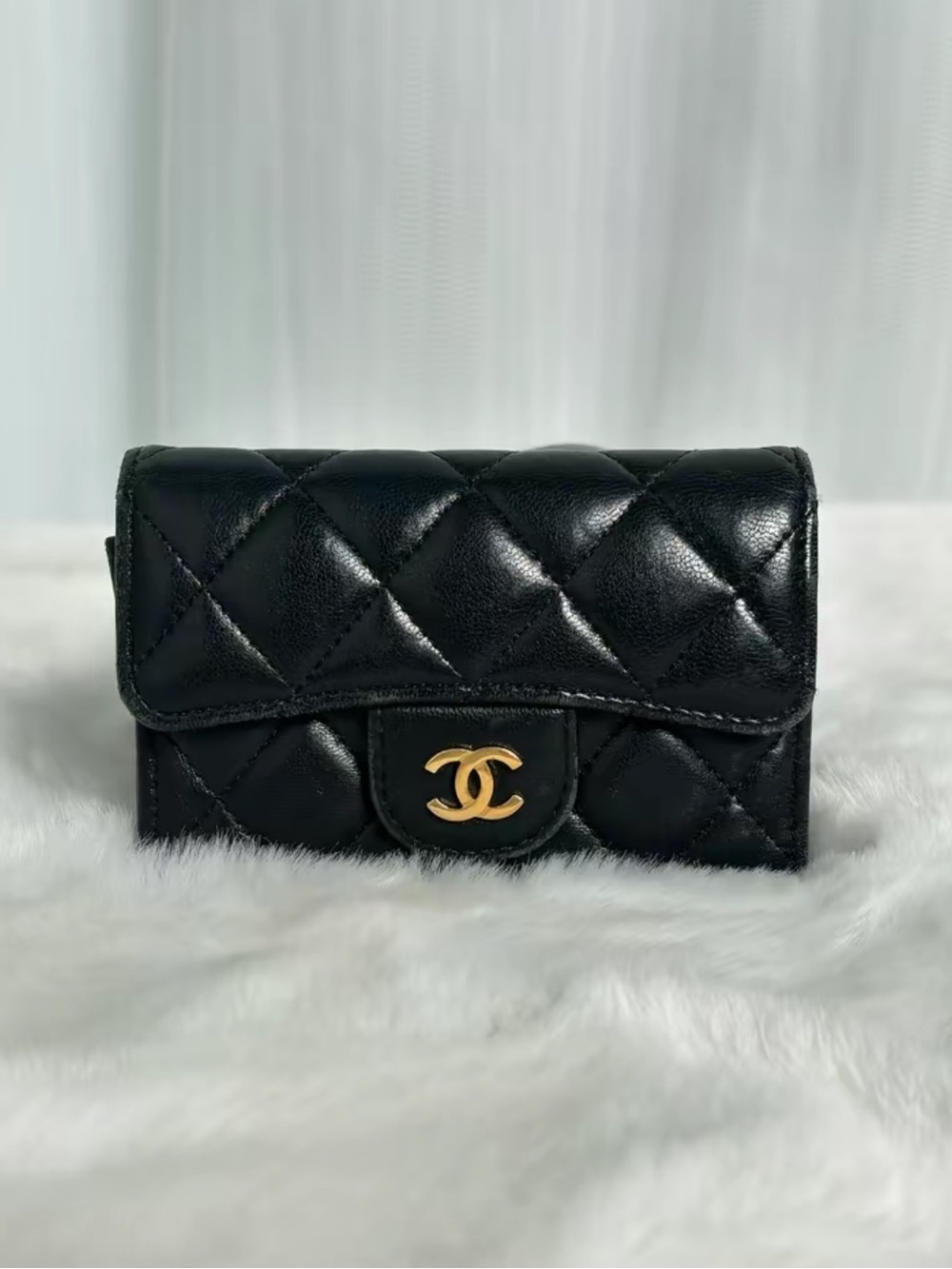 CHANEL Black Quilted Lambskin Leather Small Wallet Card Holder with Gold CC